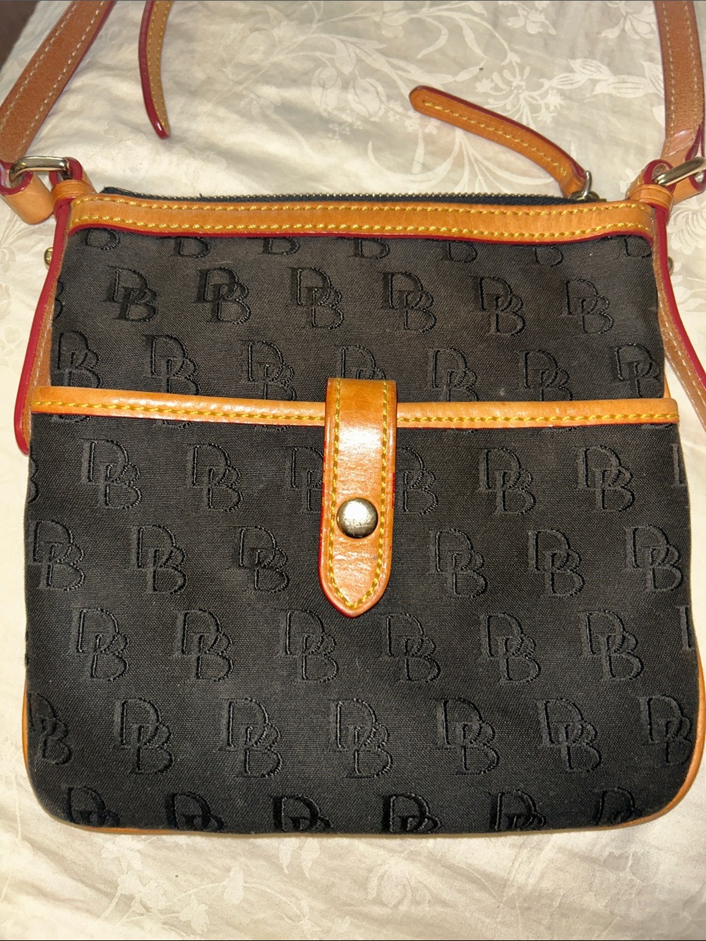 Dooney & Bourke Black Crossbody with Tan Trim and Red Edge